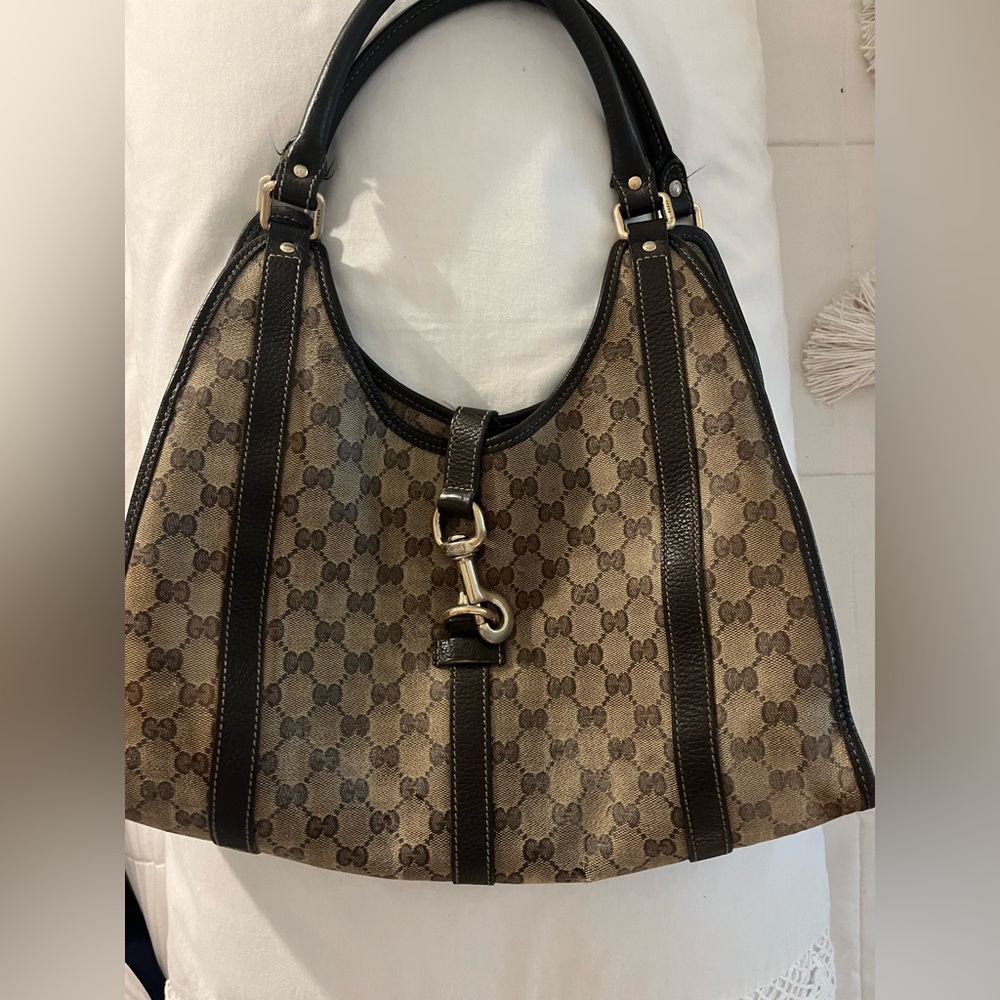Authentic Gucci GG Canvas Patent Leather Tote